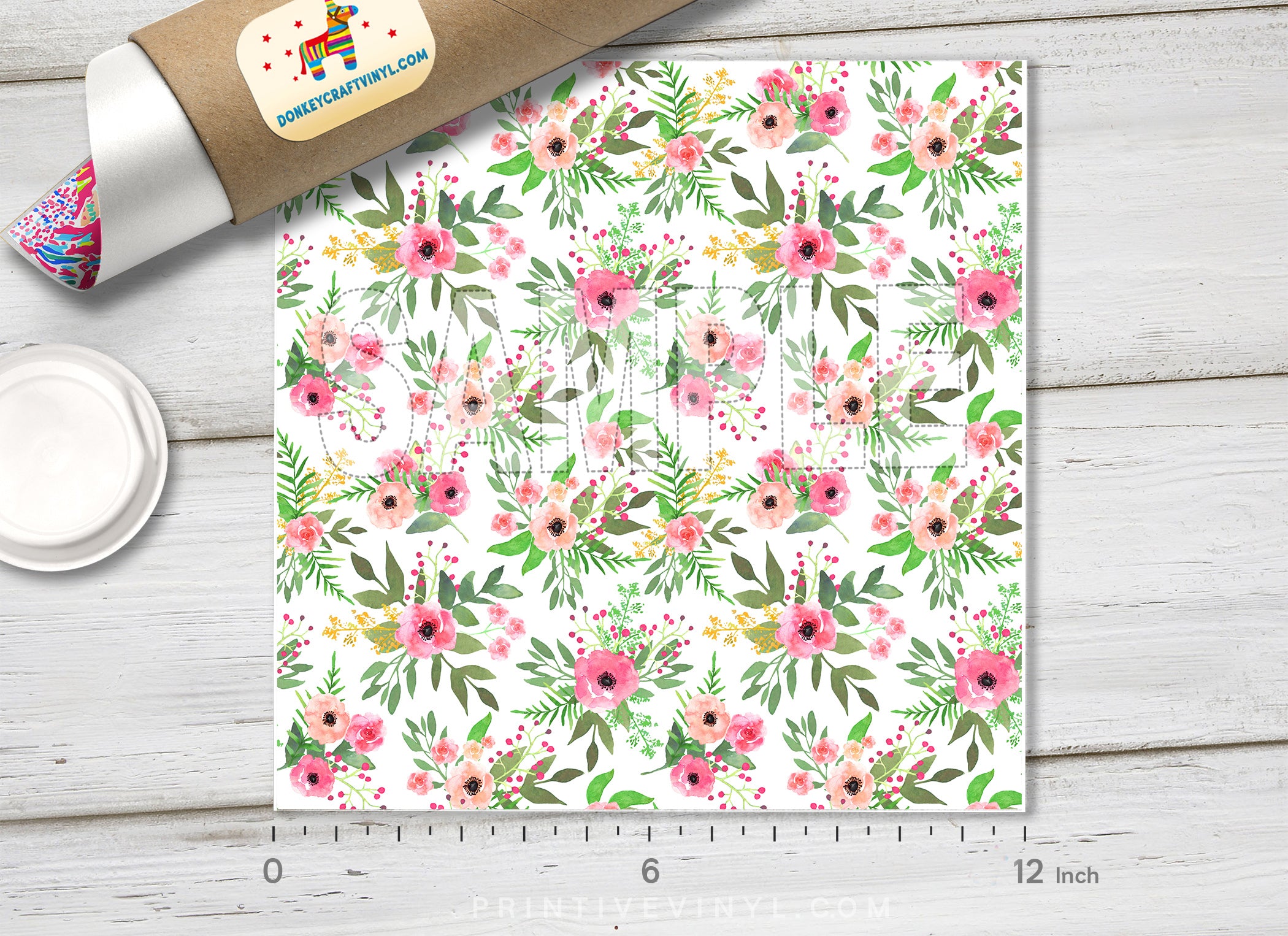 Pink Floral Adhesive Vinyl 1383 - Donkey Craft Vinyl