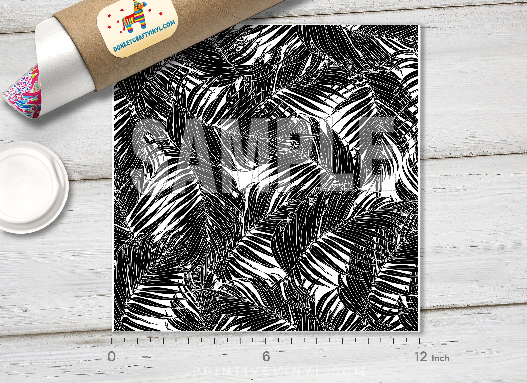 Black and White Palm Leaves Adhesive Vinyl 1320 - Donkey Craft Vinyl