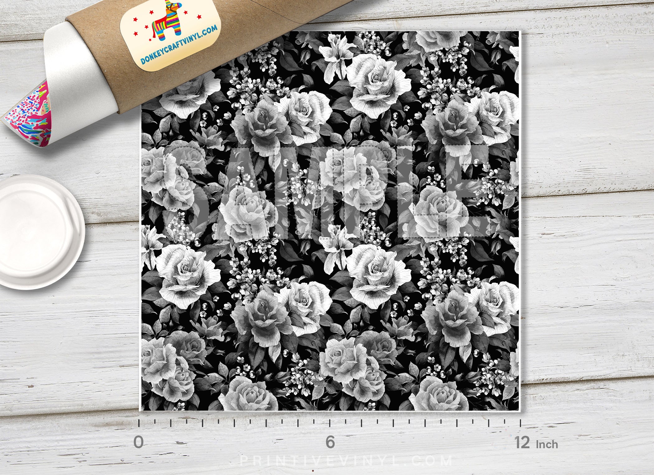 Black & White Rose Floral Adhesive Vinyl 1372 - Donkey Craft Vinyl