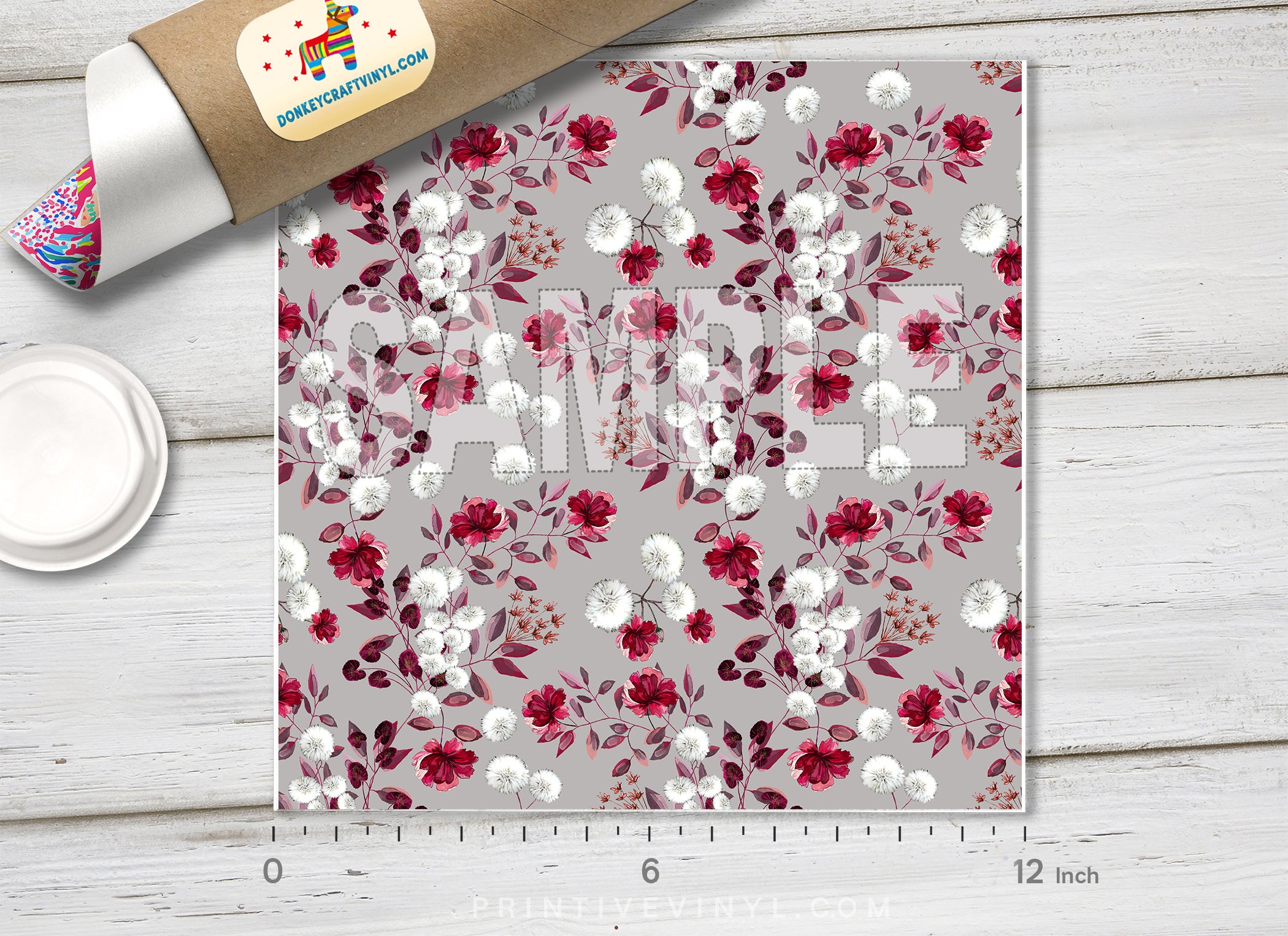 Burgundy Floral Adhesive Vinyl 1364 - Donkey Craft Vinyl