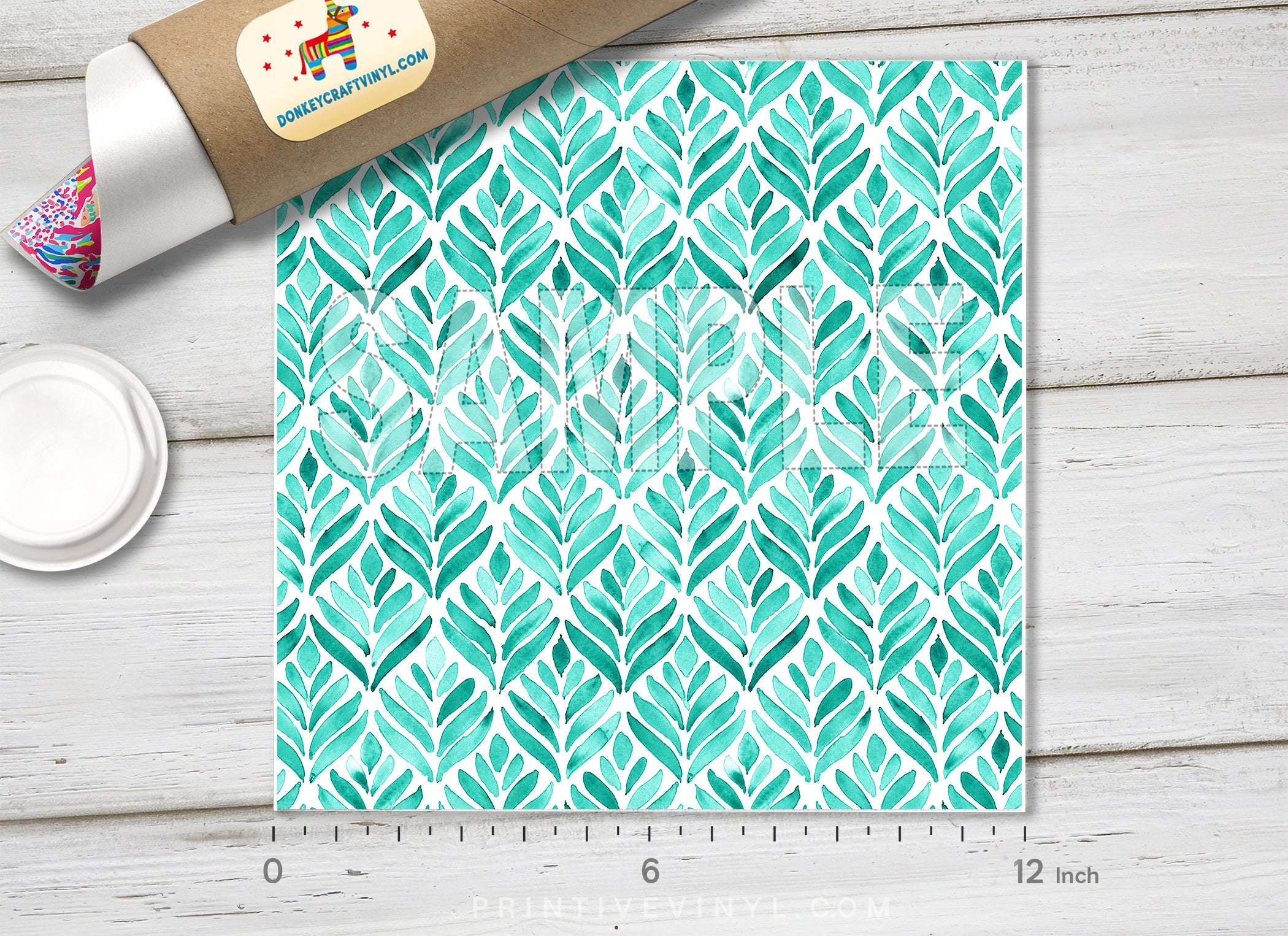 Watercolor Teal Botanical Leaf Pattern Adhesive Vinyl 1526