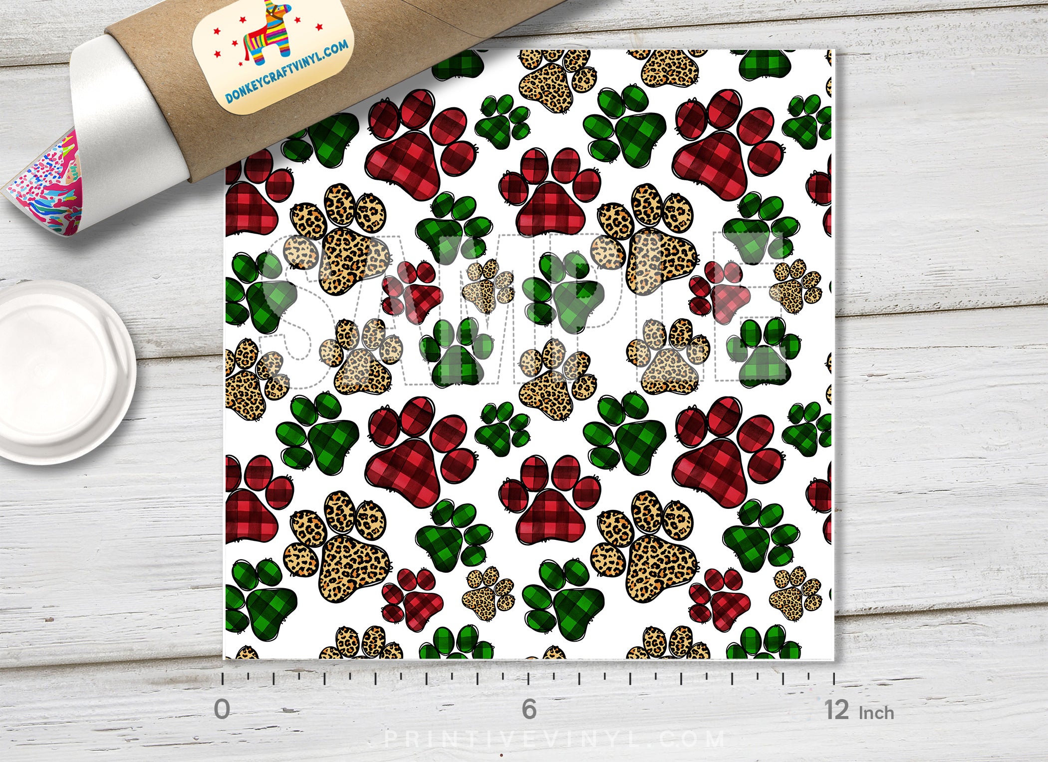 Christmas Plaid and Leopard Paw Pattern Adhesive Vinyl 1563