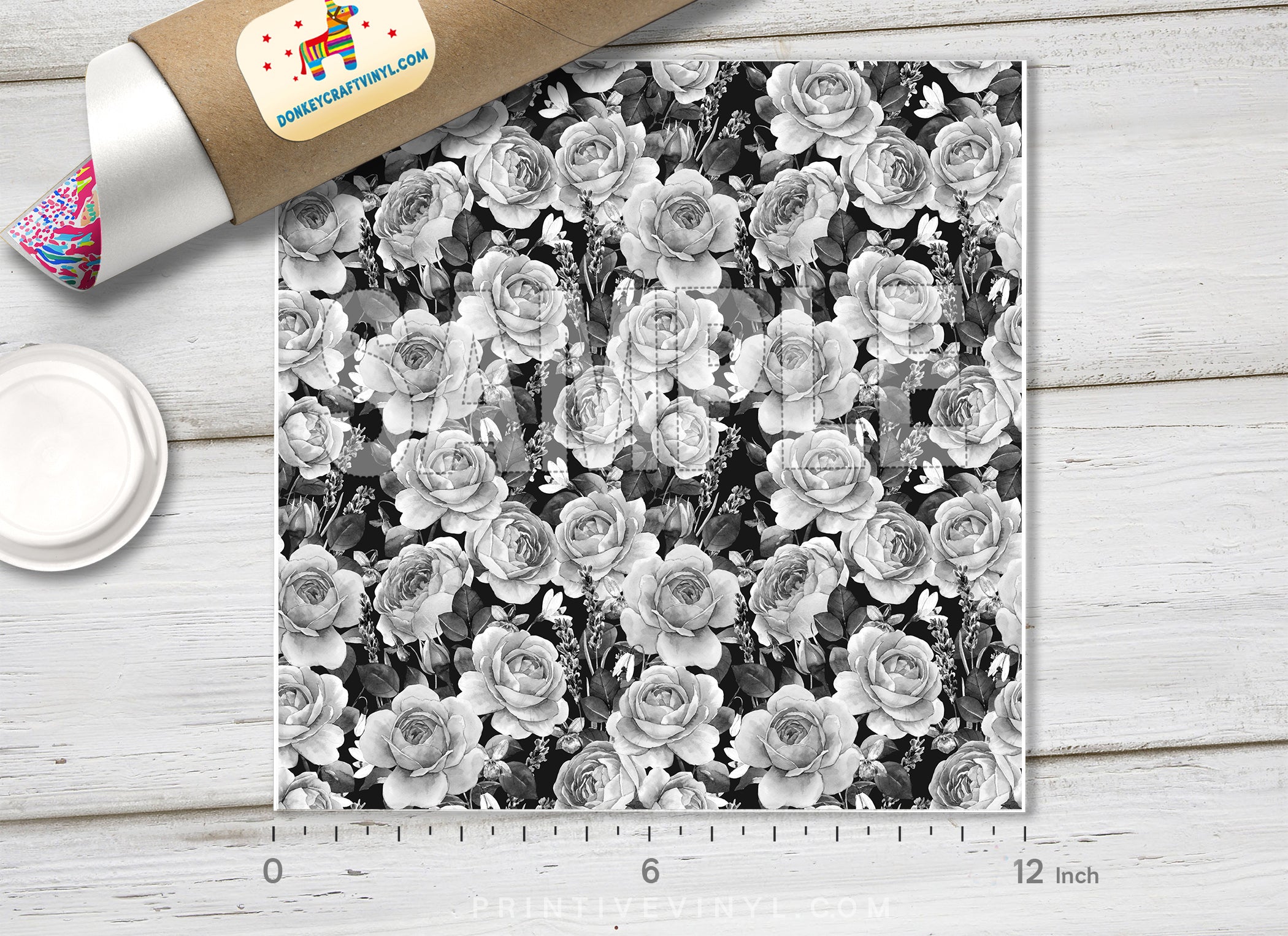Monochrome Rose Floral Adhesive Vinyl 1361 - Donkey Craft Vinyl