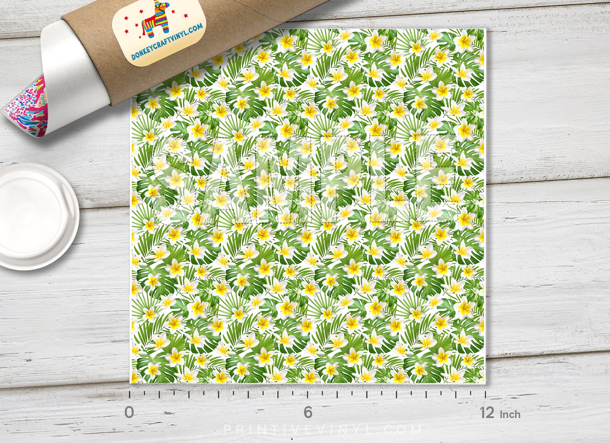 Tropical Plumeria & Palm Leaves Adhesive Vinyl 1366 - Donkey Craft Vinyl