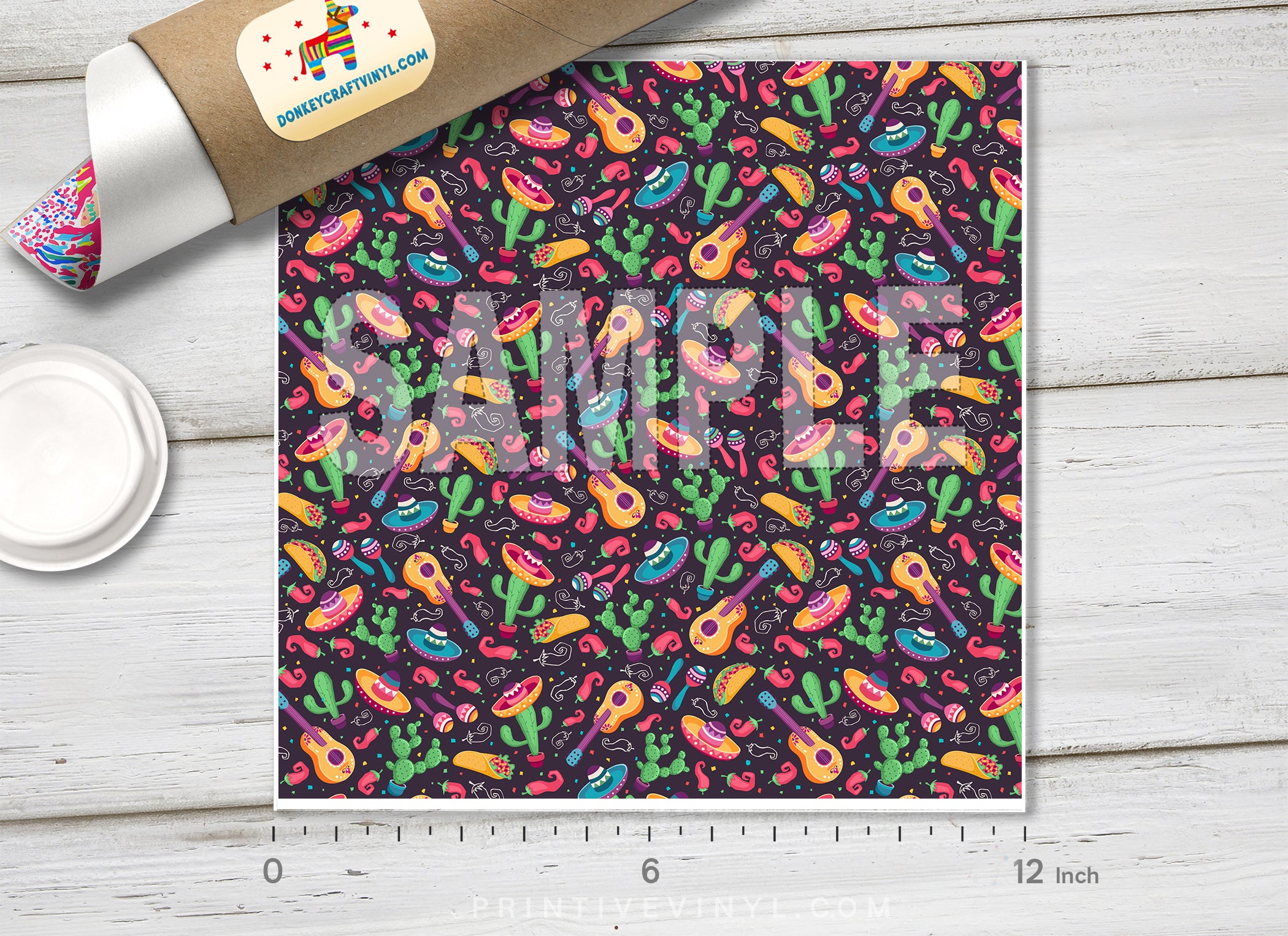 Festive Mexican Fiesta Taco and Cactus Print Adhesive Vinyl 1327 - Donkey Craft Vinyl