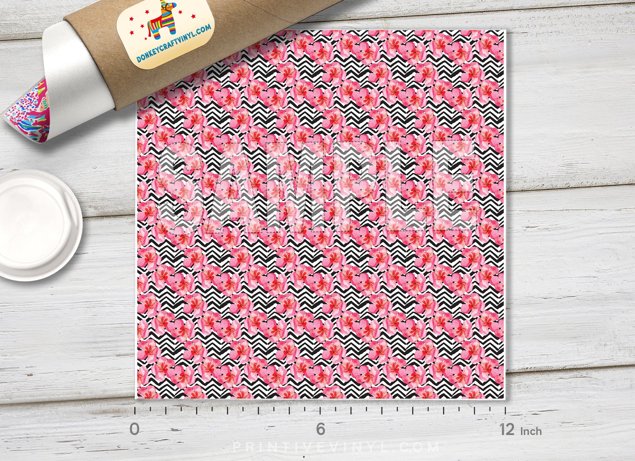 Hibiscus Floral Chevron Adhesive Vinyl 1476 - Donkey Craft Vinyl