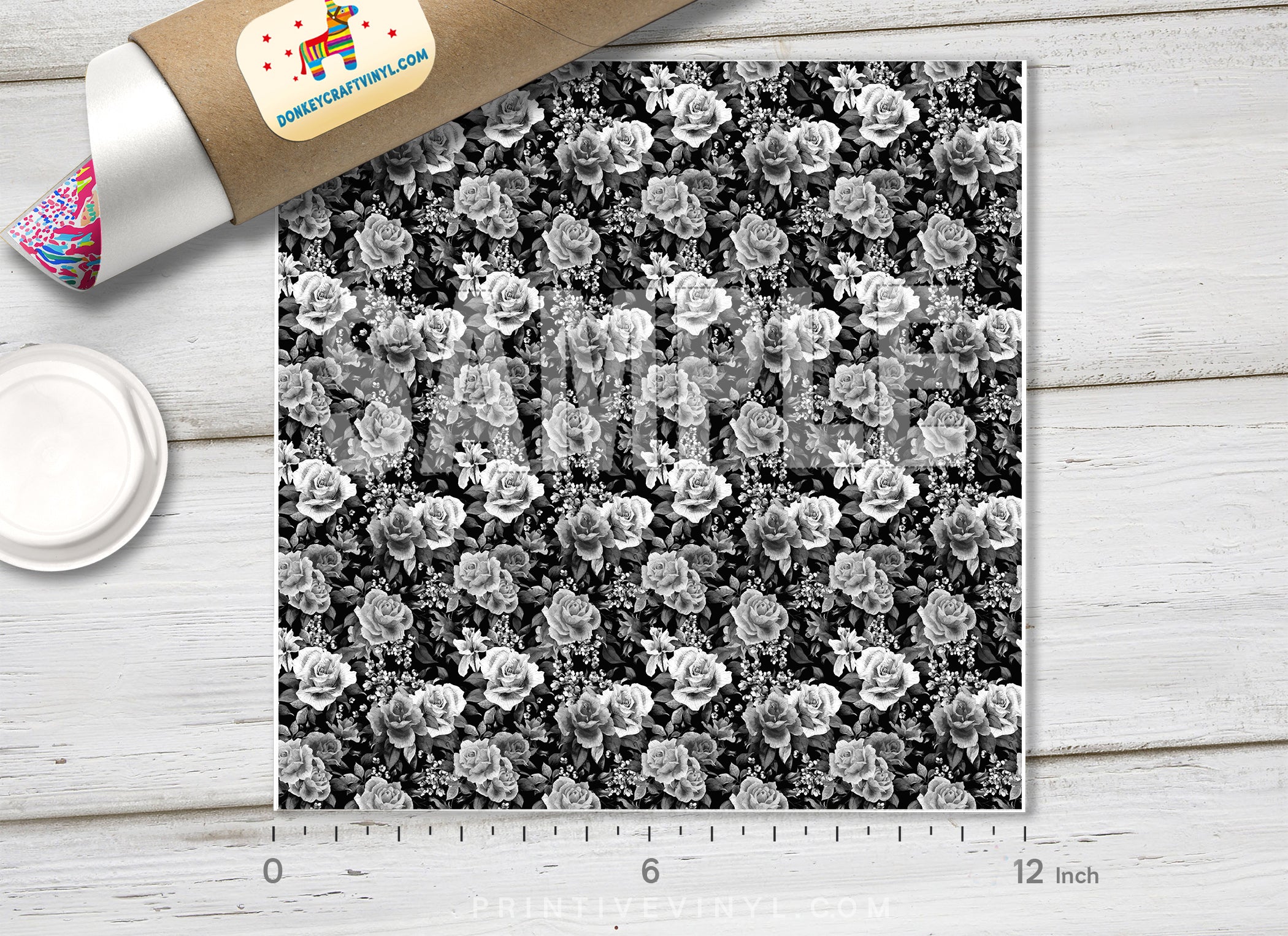 Black & White Rose Floral Adhesive Vinyl 1372 - Donkey Craft Vinyl