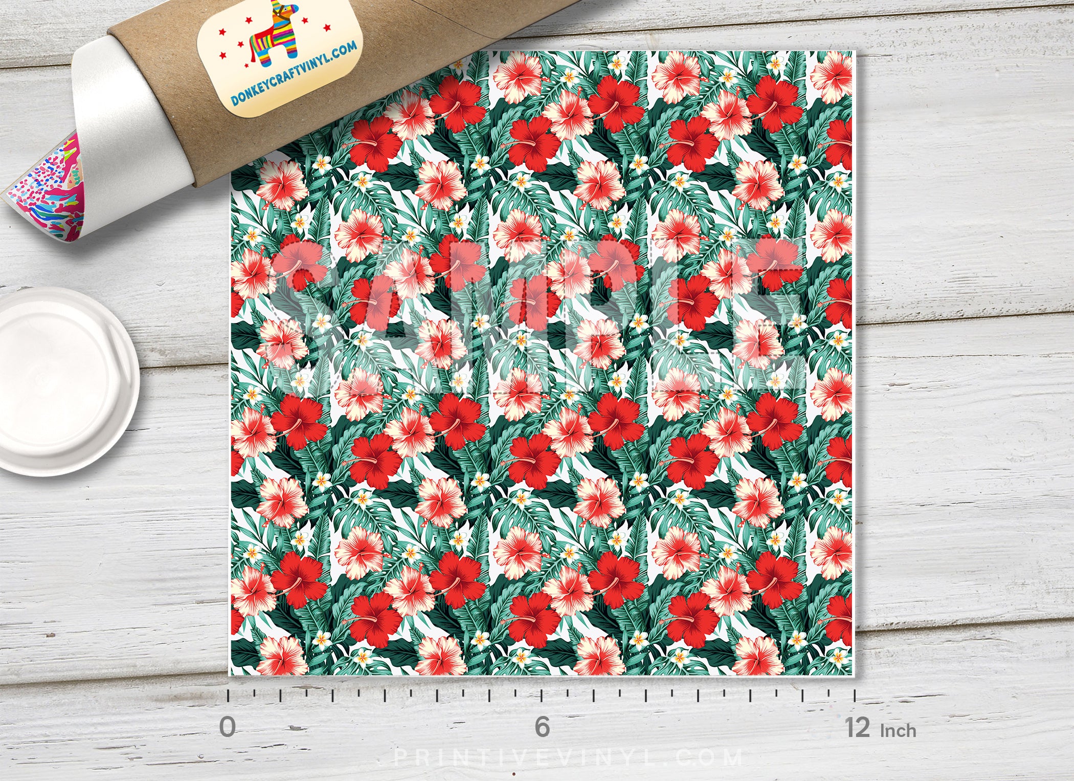 Tropical Red Hibiscus Floral Adhesive Vinyl 1527