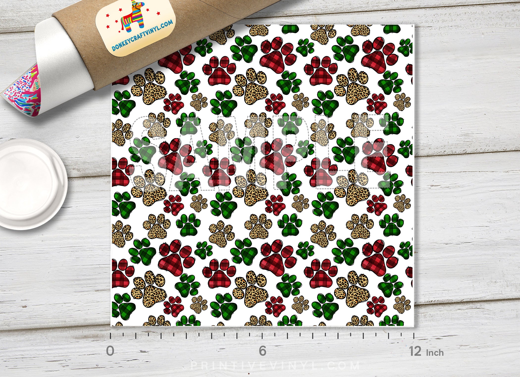 Christmas Plaid and Leopard Paw Pattern Adhesive Vinyl 1563