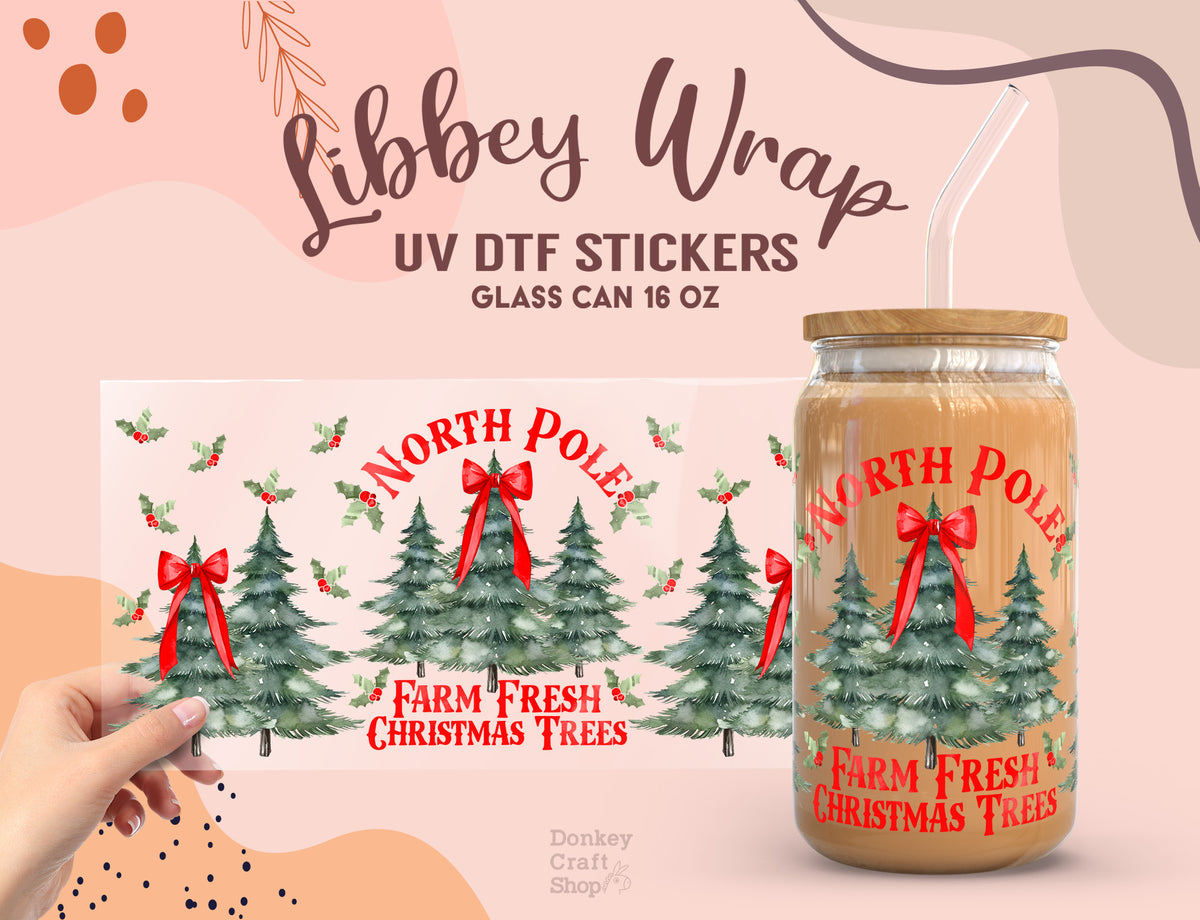 North Pole Christmas Trees UV DTF Libbey Glass Wrap 16oz UV060