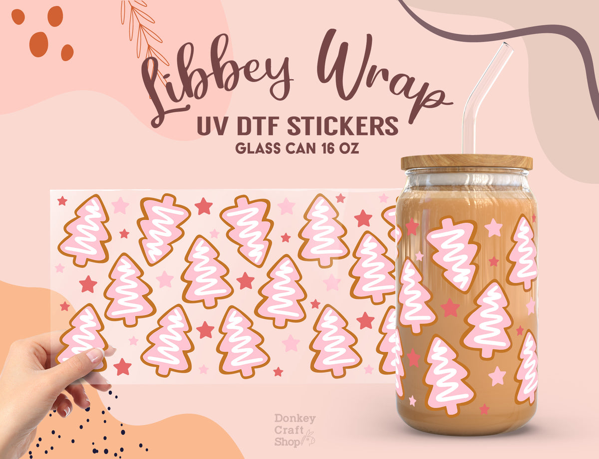 Pink Christmas Tree UV DTF Cup Wrap | 16oz Libbey Glass Can Sticker UV052