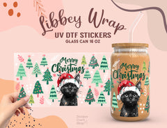 Black Cat Christmas UV DTF Wrap for 16oz Libbey Glass – Holiday Tree Design UV196