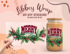 Merry Christmas Holly UV DTF Wrap for 16oz Libbey Glass | Holiday Cup UV149