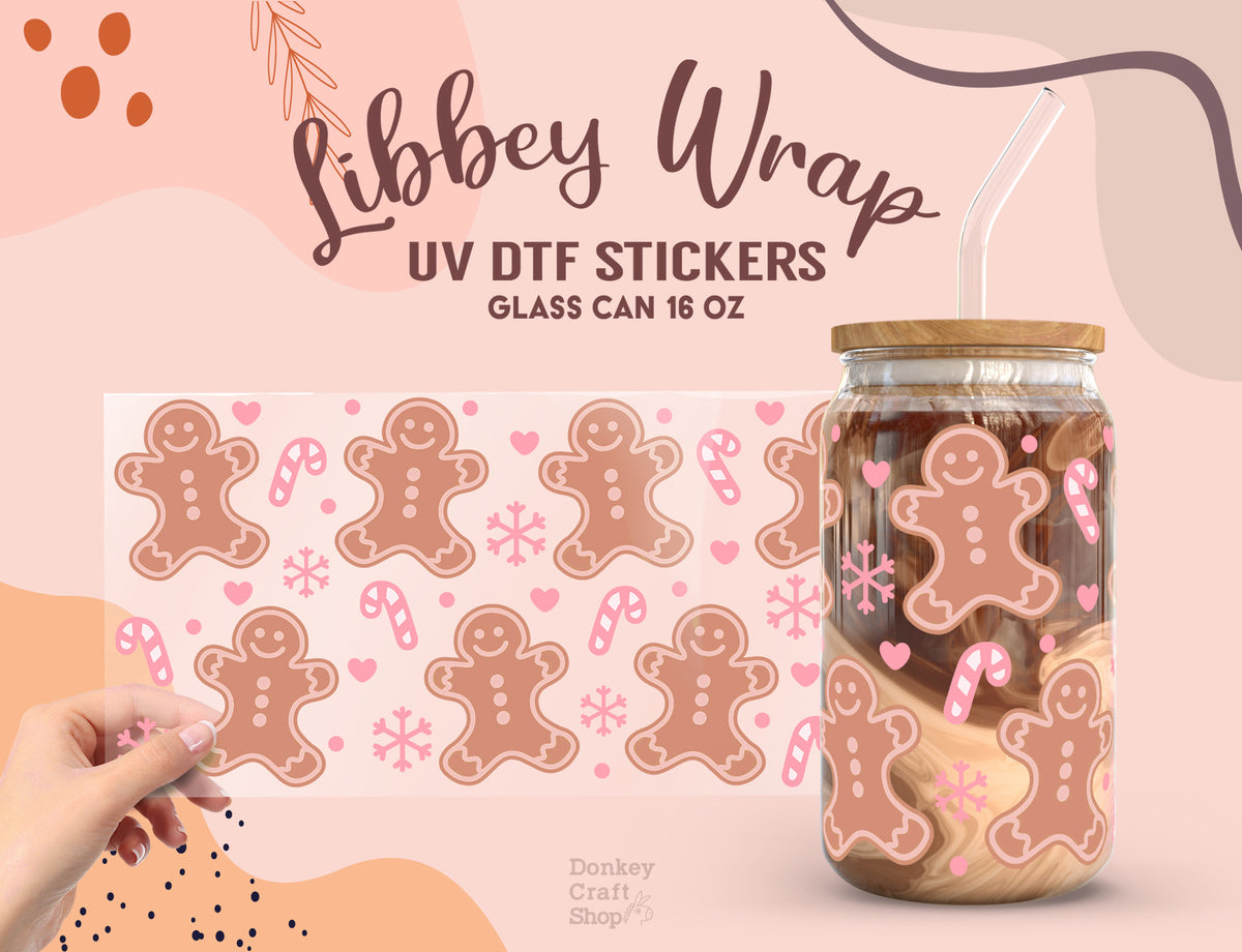 Gingerbread UV DTF, Ready to Transfer, 16 oz Libbey Glass Can Wrap UV026