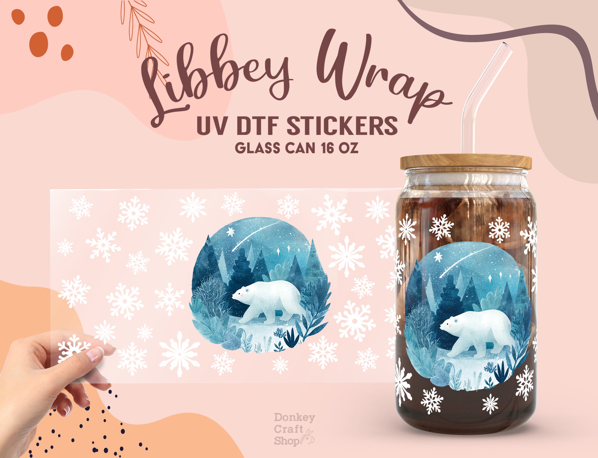 Libbey Wrap UV DTF Stickers with a glass can featuring a polar bear design on a pink background.