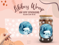 Libbey Wrap UV DTF Stickers with a glass can featuring a polar bear design on a pink background.
