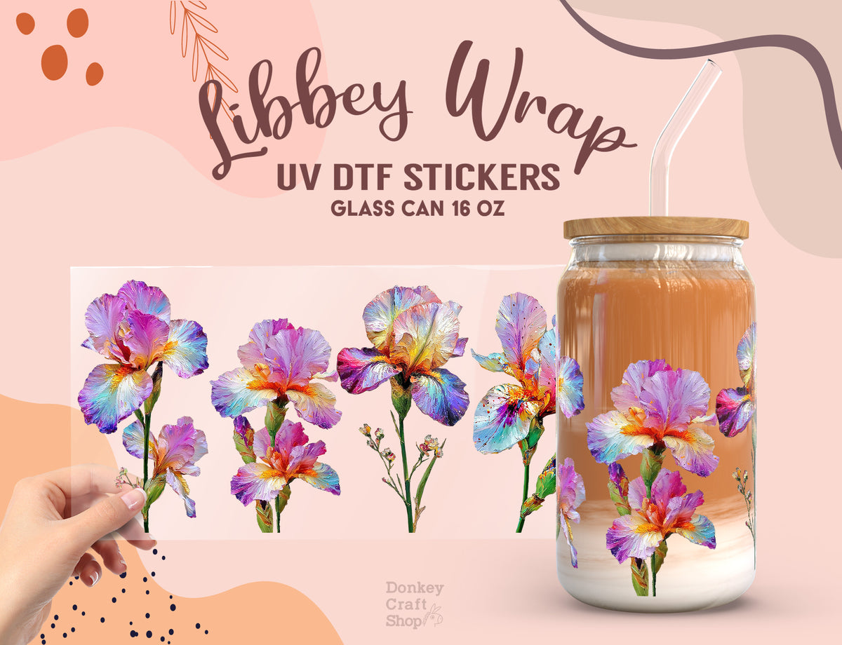 Rainbow Iris Flower UV DTF Wrap for 16oz Libbey Glass | Floral Design UV142