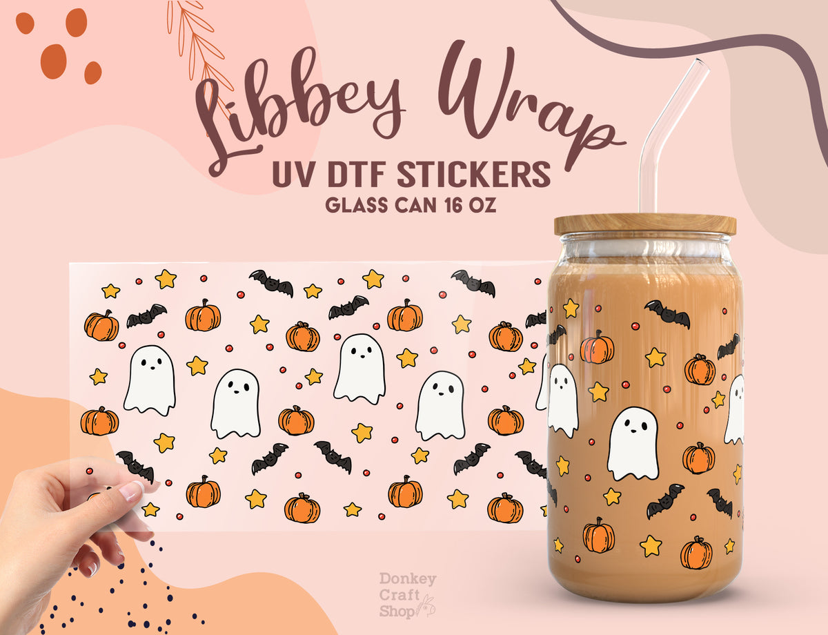 Cute Ghost & Pumpkin Halloween UV DTF Wrap for 16oz Libbey Glass UV139