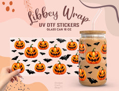 Jack-O’-Lantern & Bat UV DTF Libbey Glass Wrap | 16oz Halloween Sticker UV042