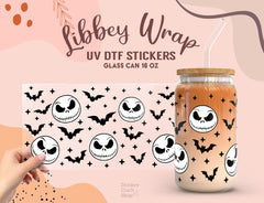 Halloween Skull & Bats UV DTF Cup Wrap | 16oz Libbey Glass Can Sticker UV048