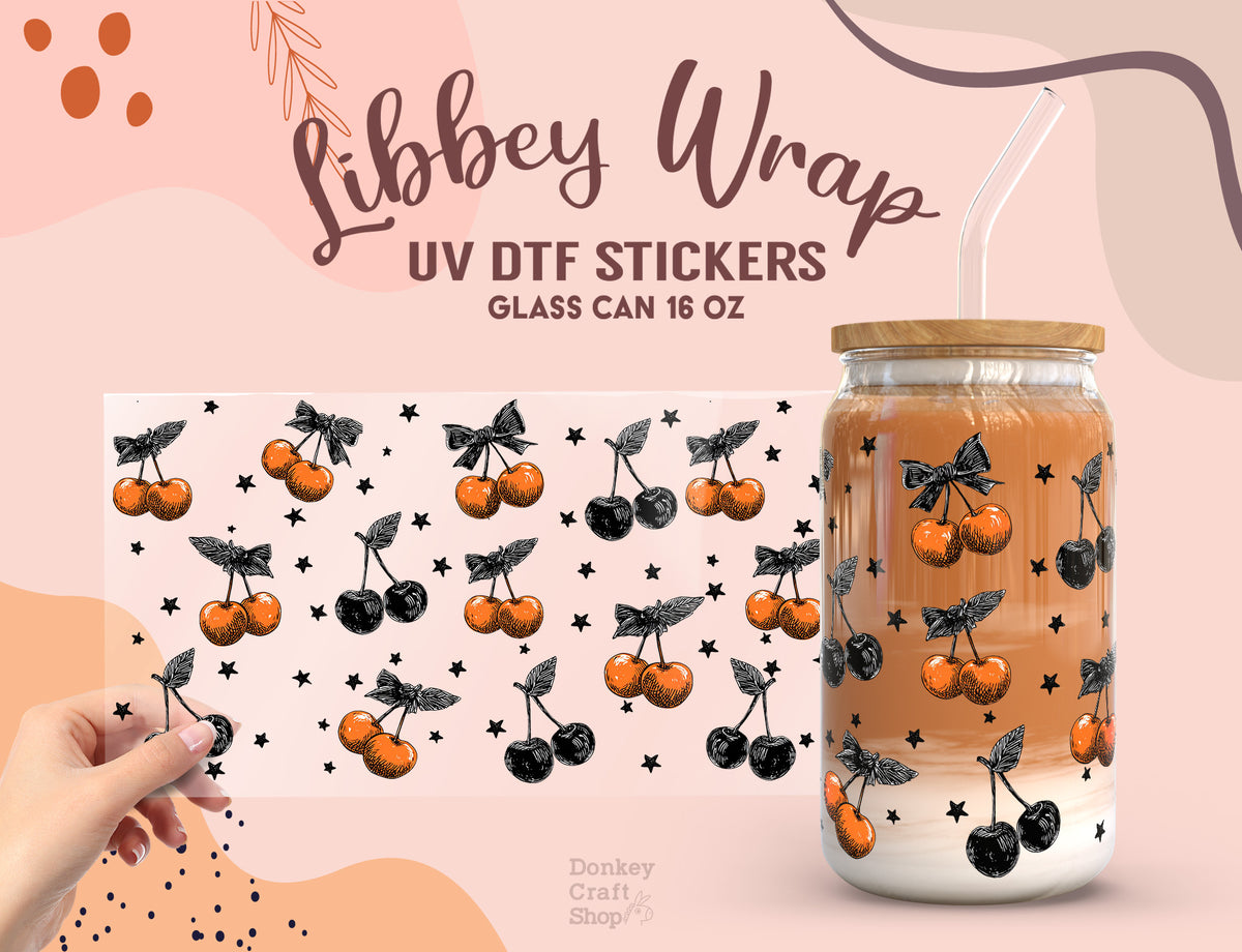 Cherry Libbey Wrap UV DTF Sticker for 16oz Glass Can – Retro Fruit Design UV160