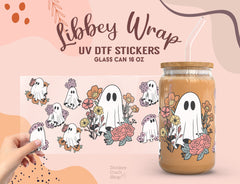 Floral Ghost UV DTF Libbey Glass Wrap | 16oz Halloween Cup Sticker UV043