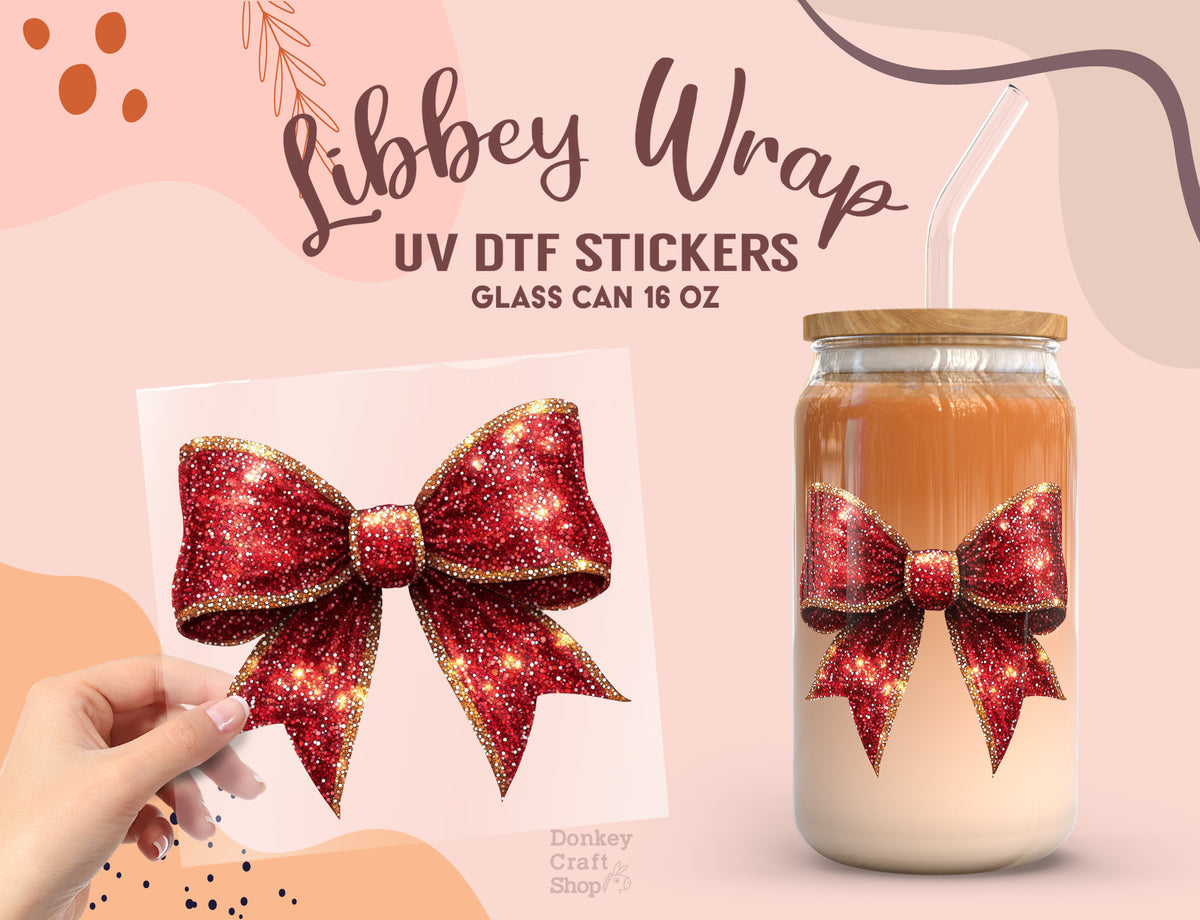 Red Glitter Bow UV DTF Wrap | 16oz Libbey Glass Cup Sticker UV075