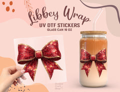 Red Glitter Bow UV DTF Wrap | 16oz Libbey Glass Cup Sticker UV075