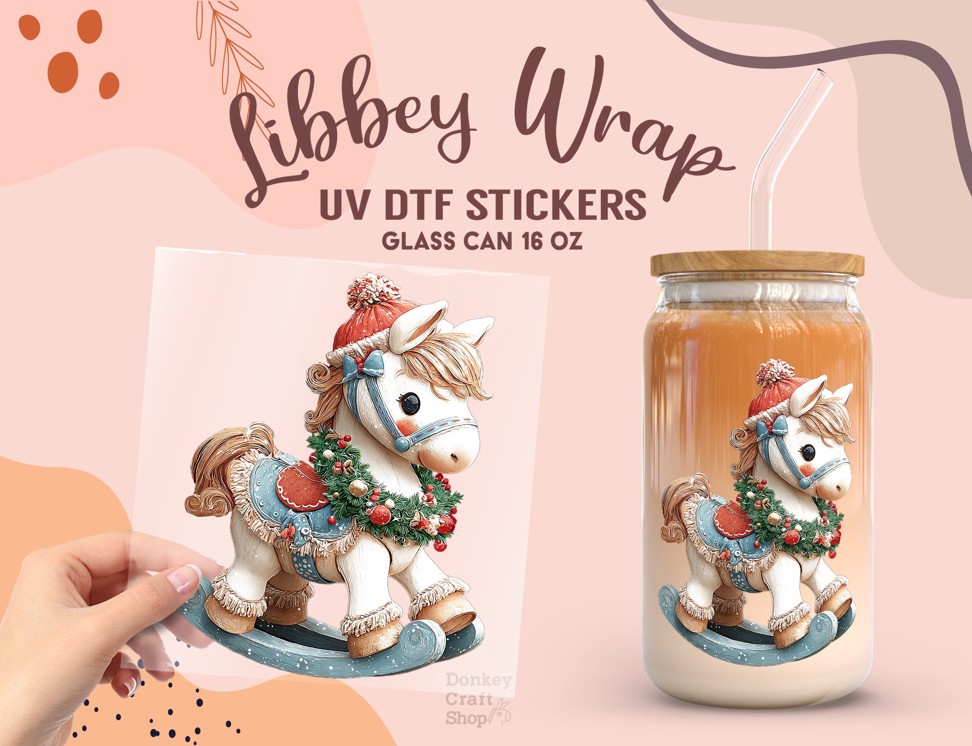 Decorative horse on a Libbey wrap with text about UV DTF stickers for glass can.