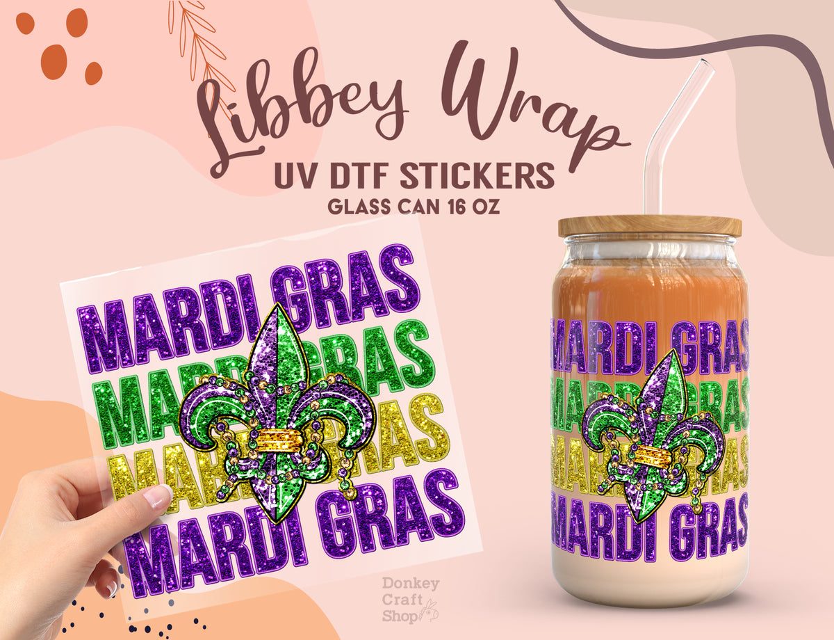 Mardi Gras Fleur-de-Lis UV DTF Wrap | 16oz Libbey Glass Sticker UV085