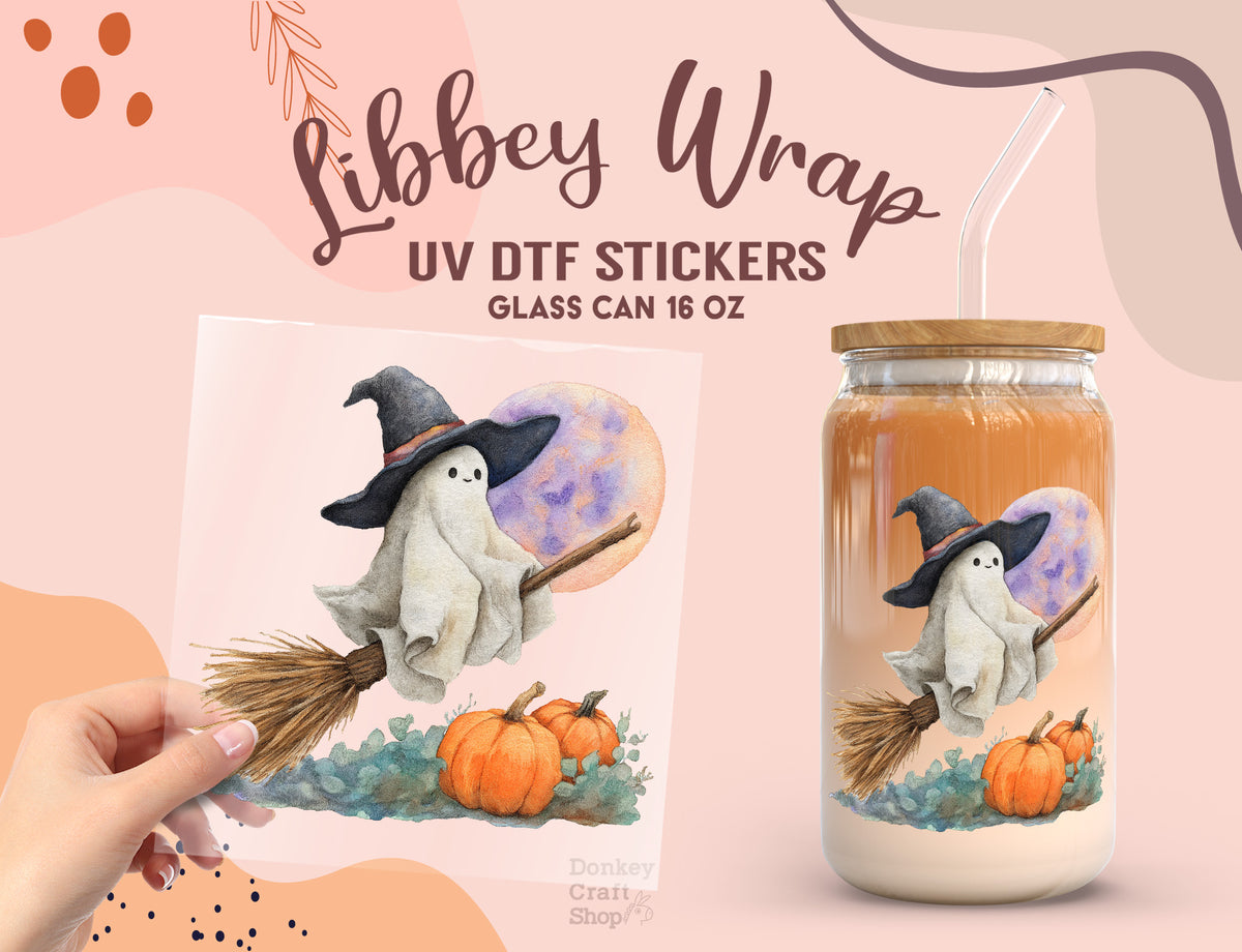 Witch Ghost on Broom UV DTF Libbey Wrap | Halloween 16oz Glass Can Sticker UV158