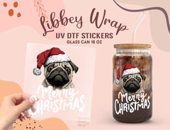 Santa Pug Merry Christmas UV DTF Libbey Wrap | 16oz Glass Can Sticker UV169