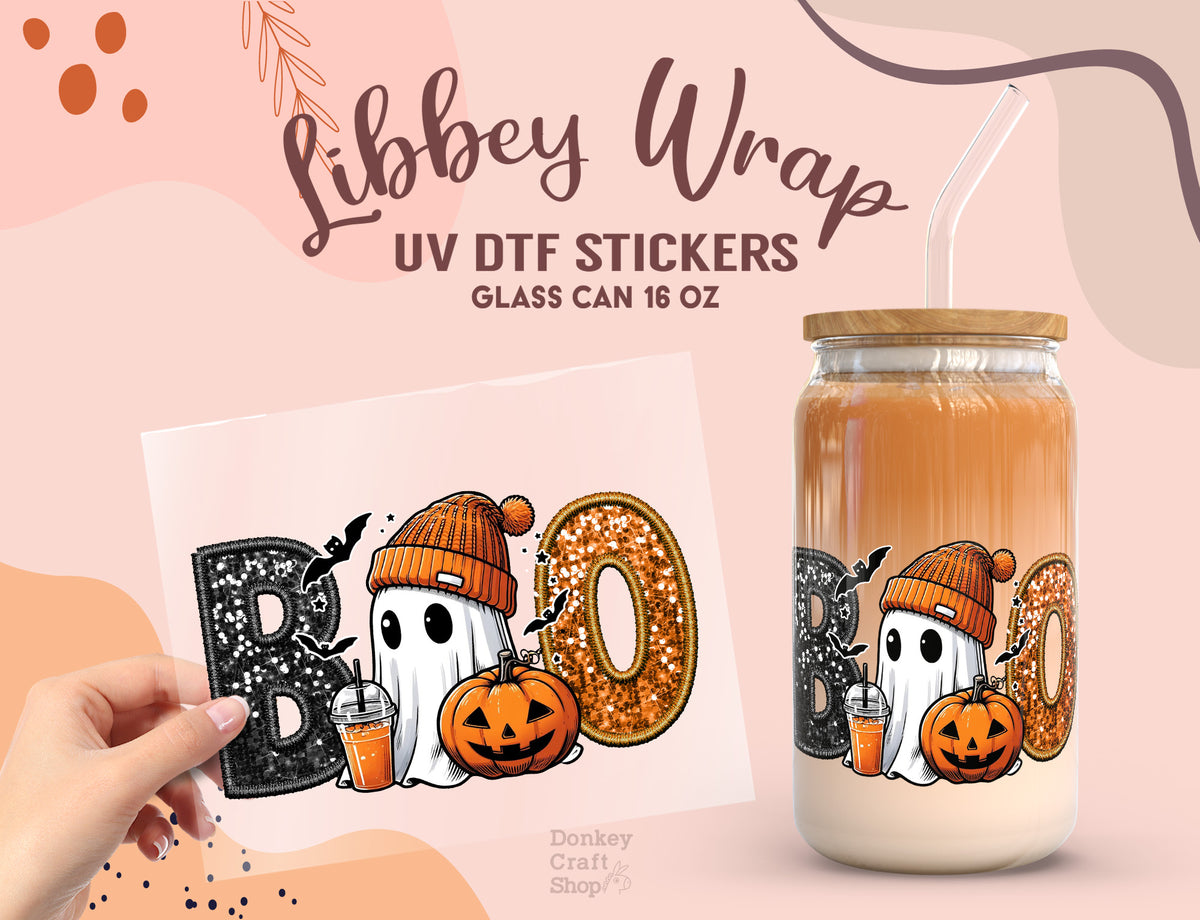 BOO Ghost Pumpkin UV DTF Libbey Wrap | Halloween Fall 16oz Glass Can Sticker UV175