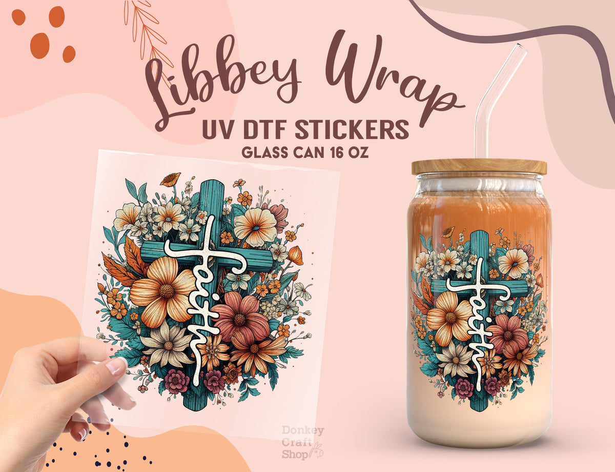 Faith Cross Floral UV DTF Wrap | 16oz Libbey Glass Cup Sticker UV076