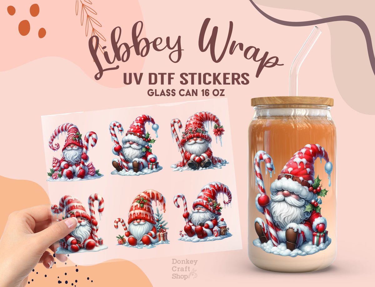 Christmas Gnome UV DTF Cup Wrap | 16oz Libbey Glass Can Sticker UV063