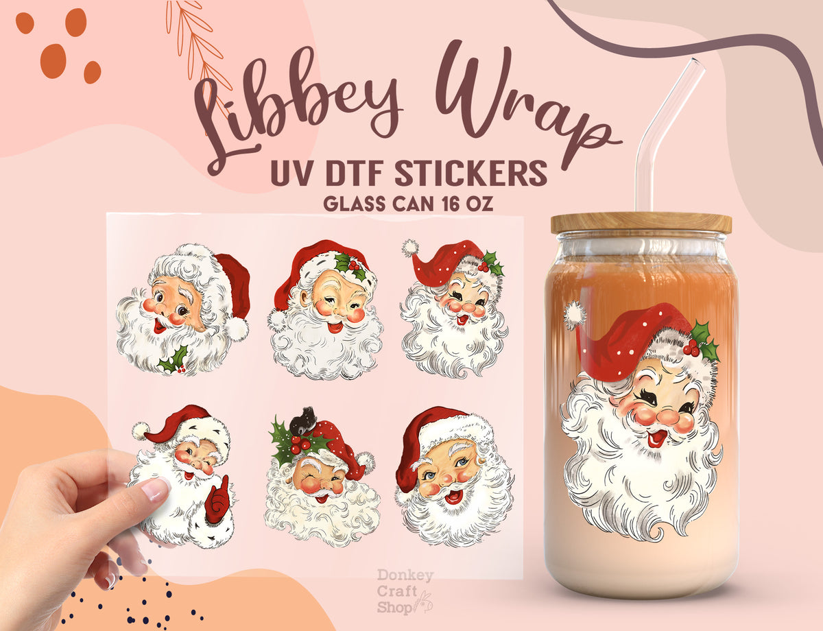Vintage Santa UV DTF Cup Wrap | 16oz Libbey Glass Can Sticker UV065