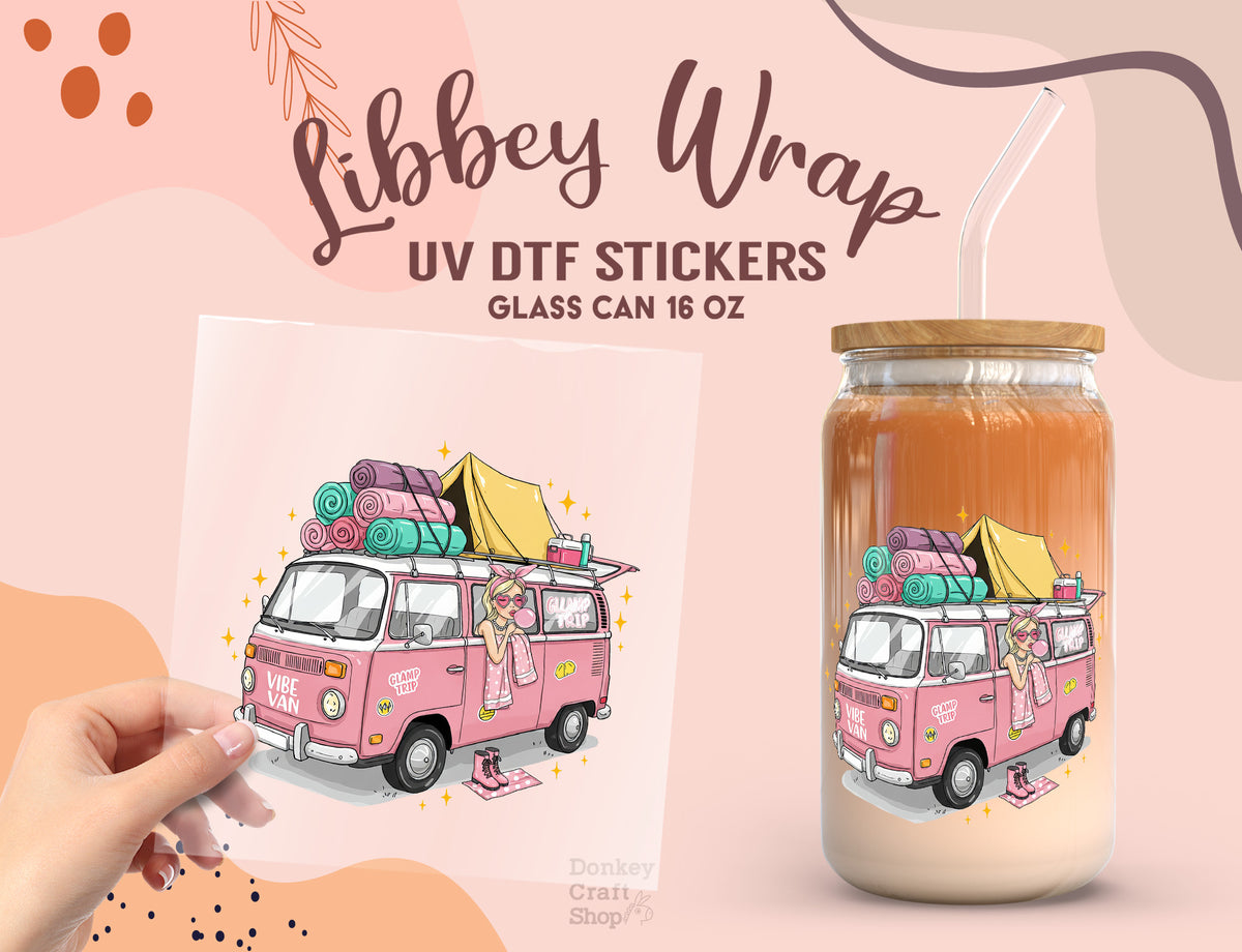 Pink Glamp Van UV DTF Wrap for 16oz Libbey Glass | Vibe Camper Design UV136