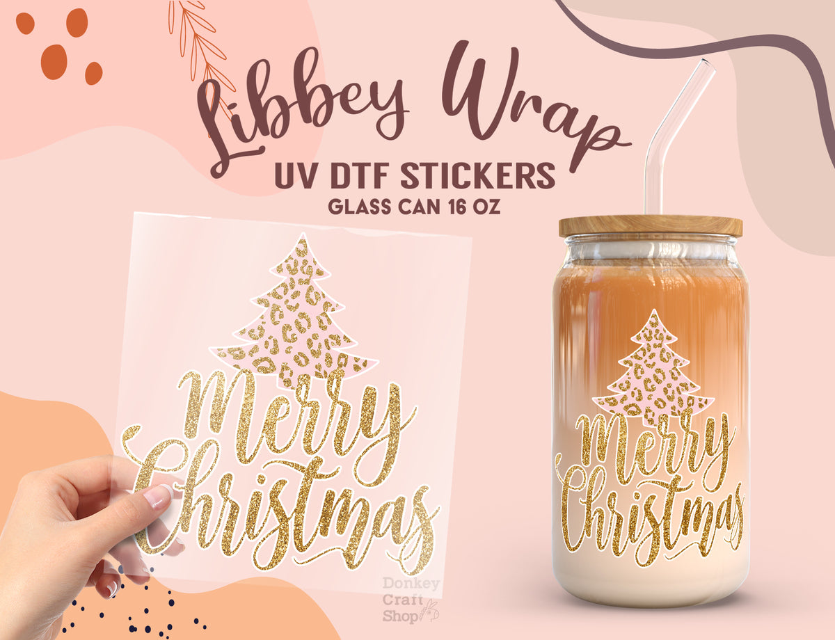Merry Christmas Leopard Tree UV DTF Libbey Sticker for 16oz Glass Can UV192