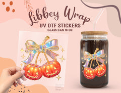 Glitter Pumpkin Bow UV DTF Wrap for 16oz Libbey Glass | Halloween Glam UV145