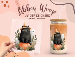 Witch Cat Halloween UV DTF Wrap for 16oz Libbey Glass | Cute Pumpkin UV143
