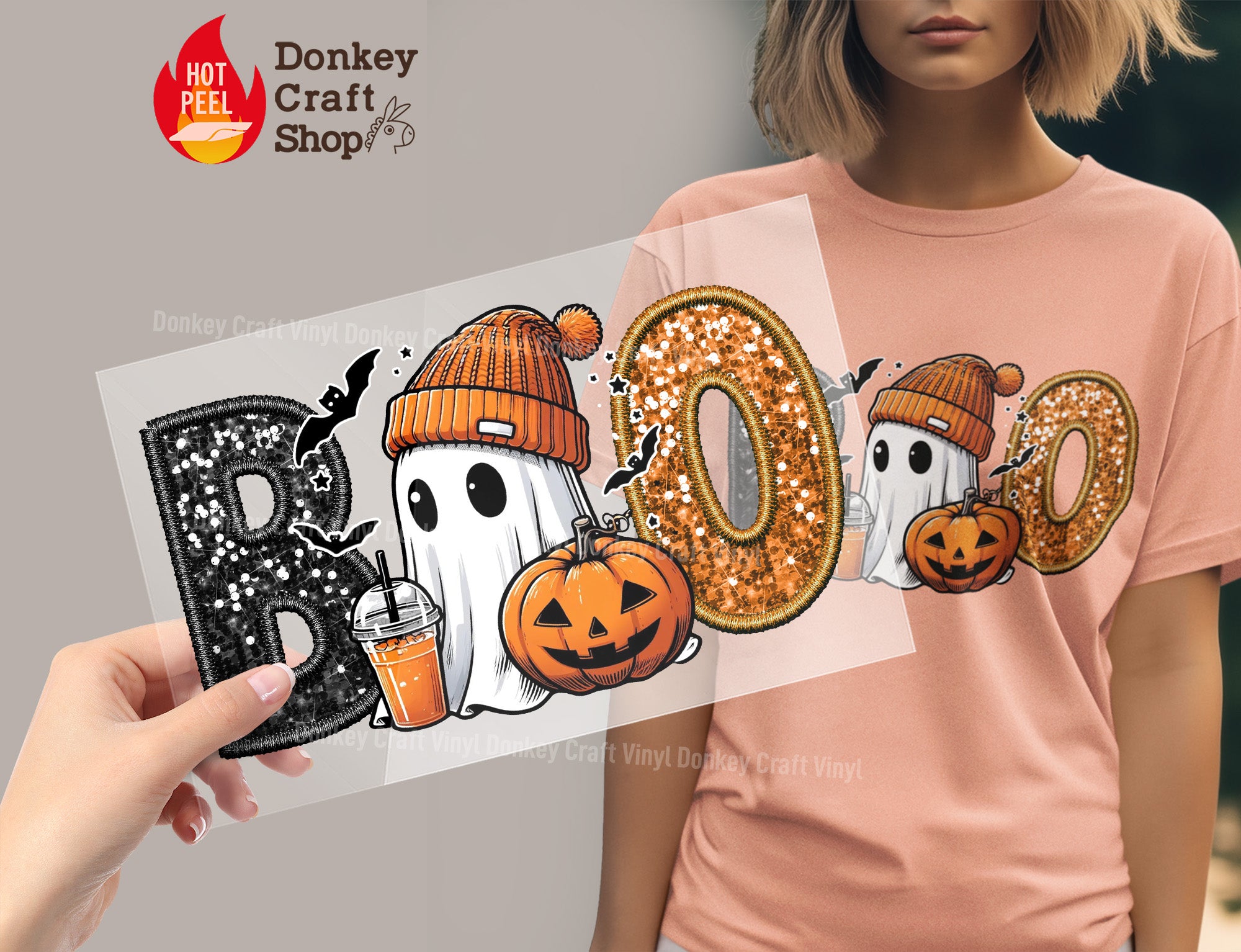 BOO Ghost Iced Coffee Faux Sequin Halloween DTF Transfer, Ready to Press DTF457