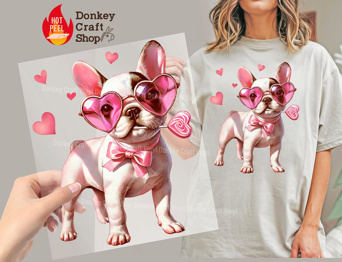 Valentine French Bulldog Heart Glasses DTF Transfer, Ready to Press DTF658