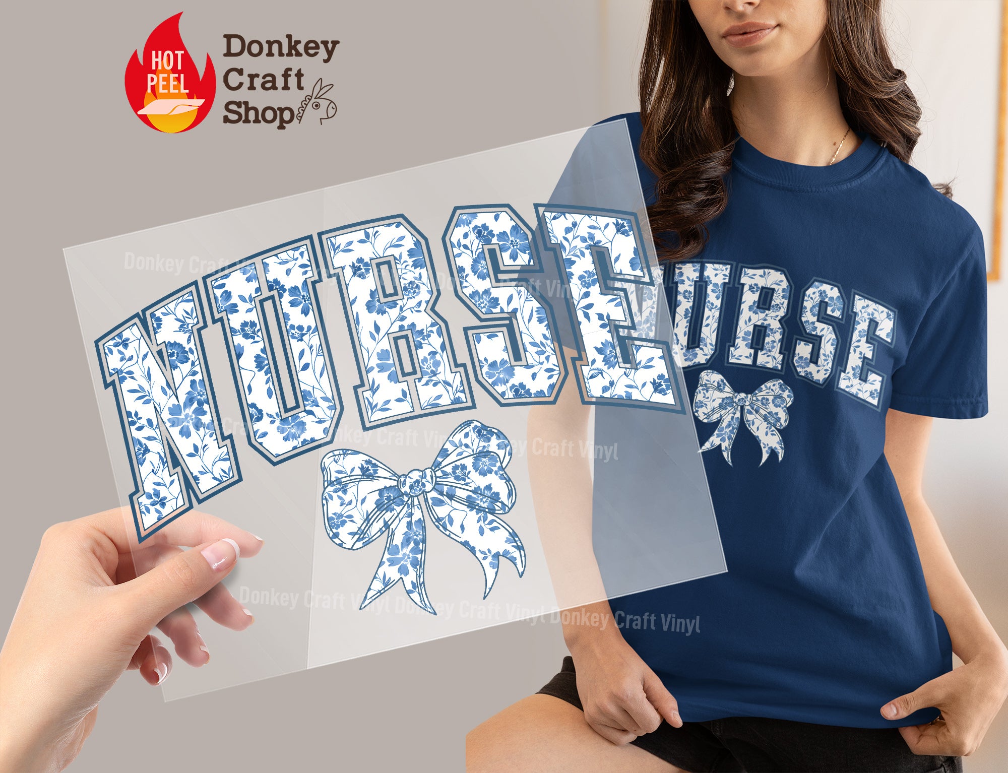 Nurse Blue Floral Coquette Bow DTF Transfer, Ready to Press DTF546 - Donkey Craft Vinyl