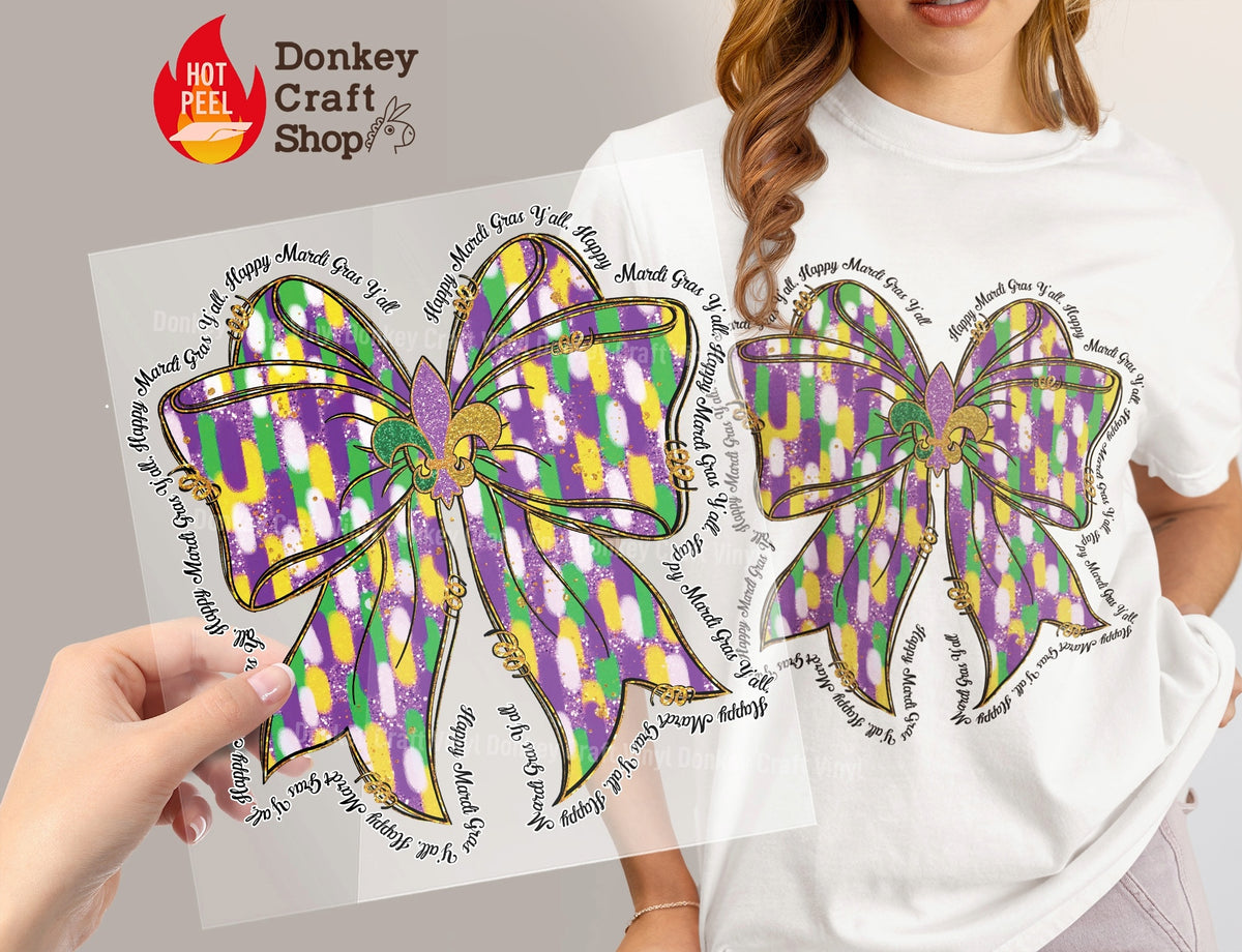 Happy Mardi Gras Y'all Fleur De Lis Coquette Bow DTF Transfer, Ready to Press DTF537