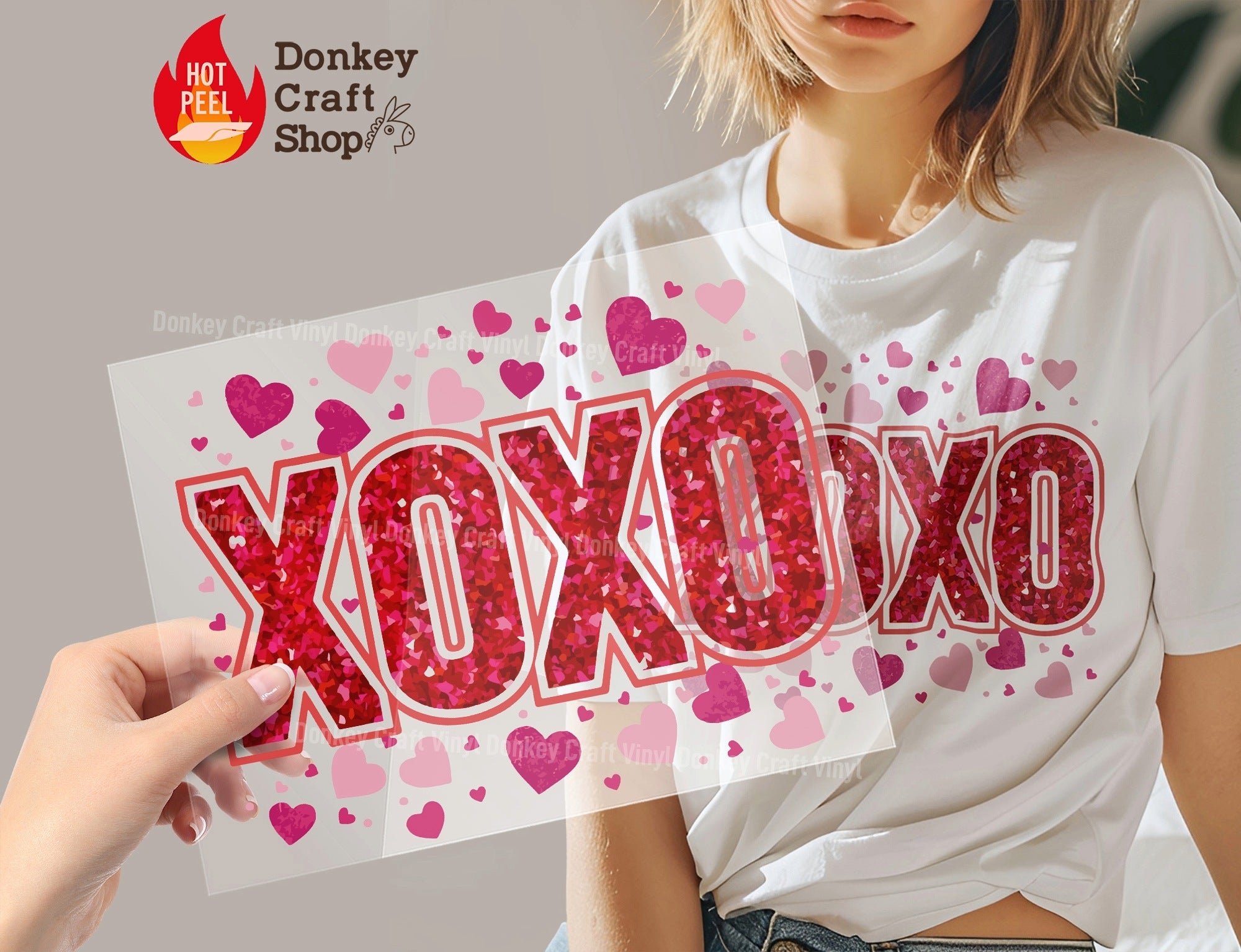 XOXO Red Glitter Effect Hearts Valentine DTF Transfer, Ready to Press DTF512