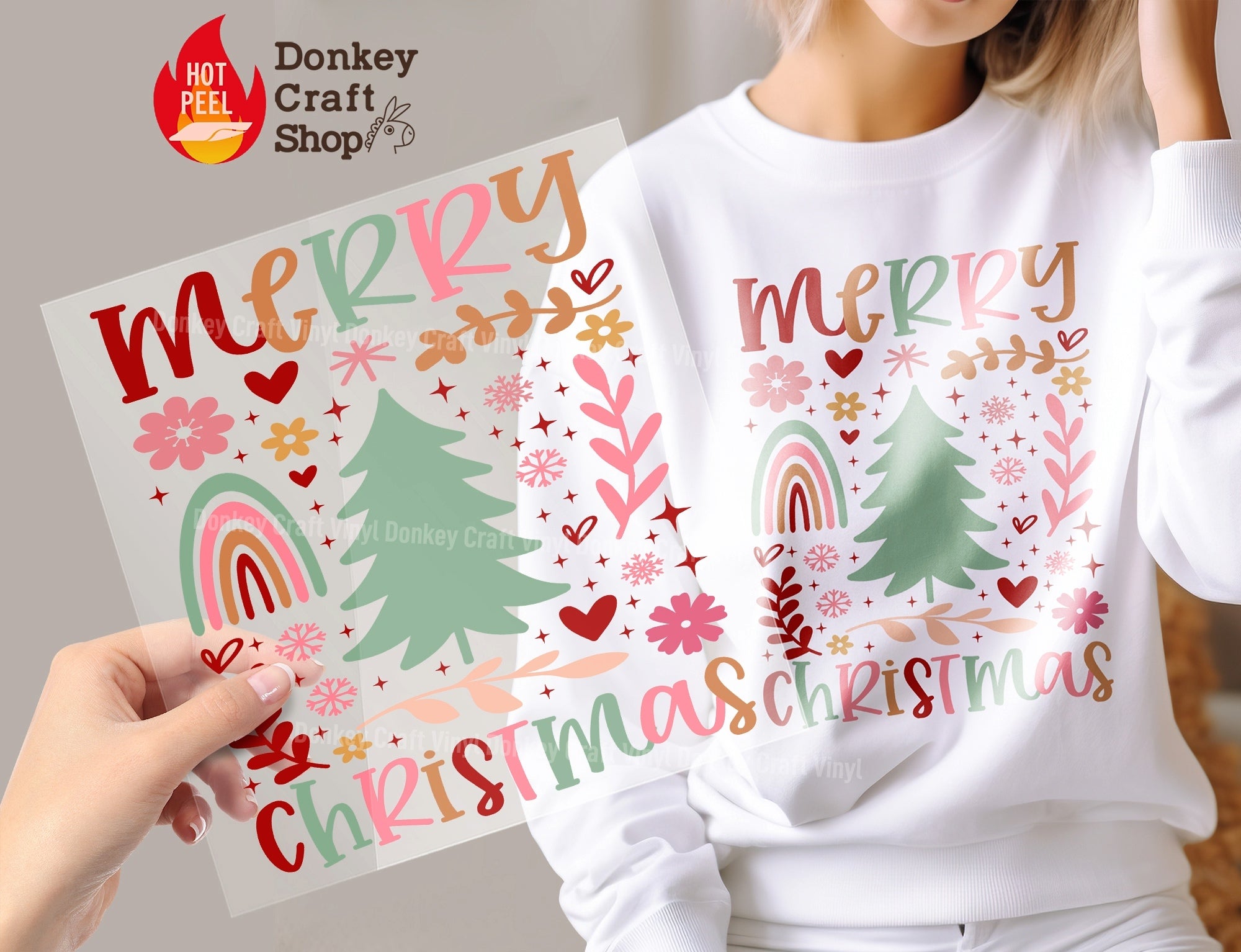 Merry Christmas Rainbow DTF Transfer, Ready to Press DTF476 - Donkey Craft Vinyl