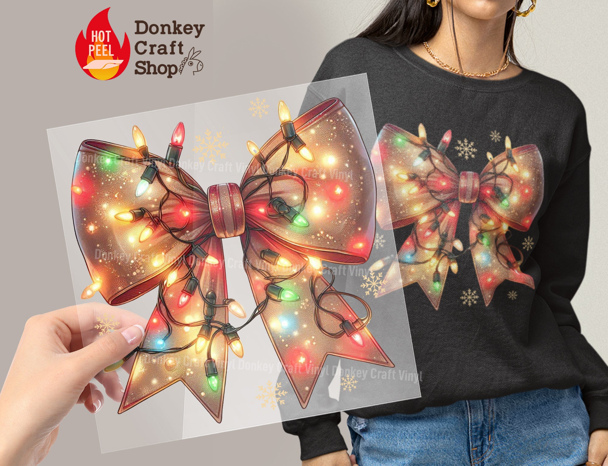 Coquette Christmas Bow with String Lights DTF Transfer, Ready to Press DTF460
