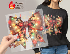 Coquette Christmas Bow with String Lights DTF Transfer, Ready to Press DTF460
