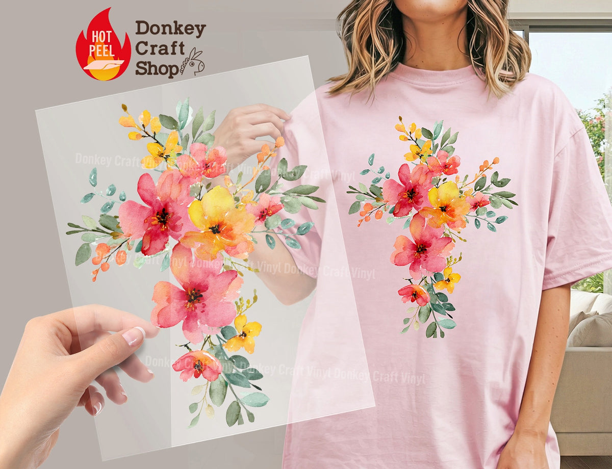 Floral Cross Watercolor DTF Transfer, Ready to Press DTF672