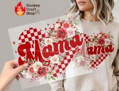 Mama Red Checker Floral Heart DTF Transfer, Ready to Press DTF636